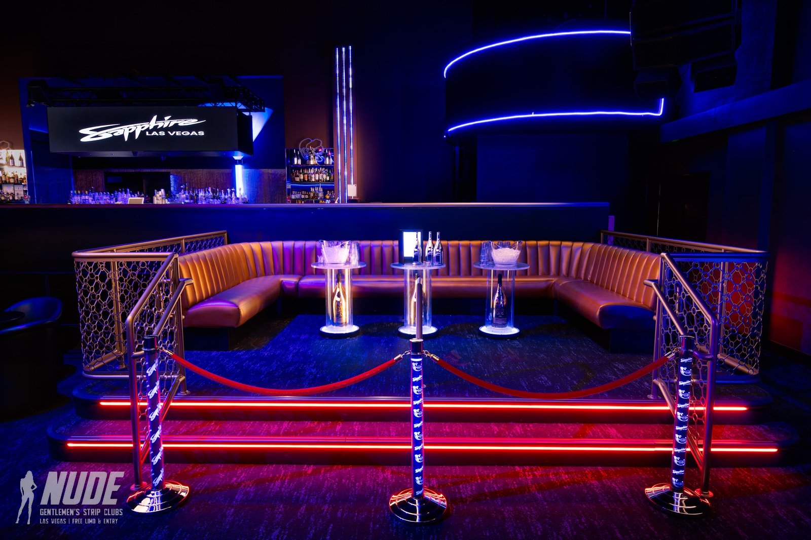 Sapphire Las Vegas neon-lit lounge beside a stage